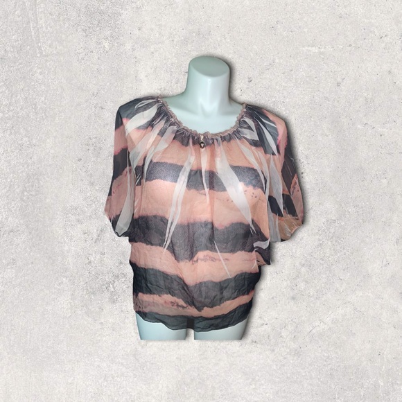 Robin K Sheer Batwing Blouse Pink Black Striped Top Size M Flowy Boho Chic - Picture 10 of 13
